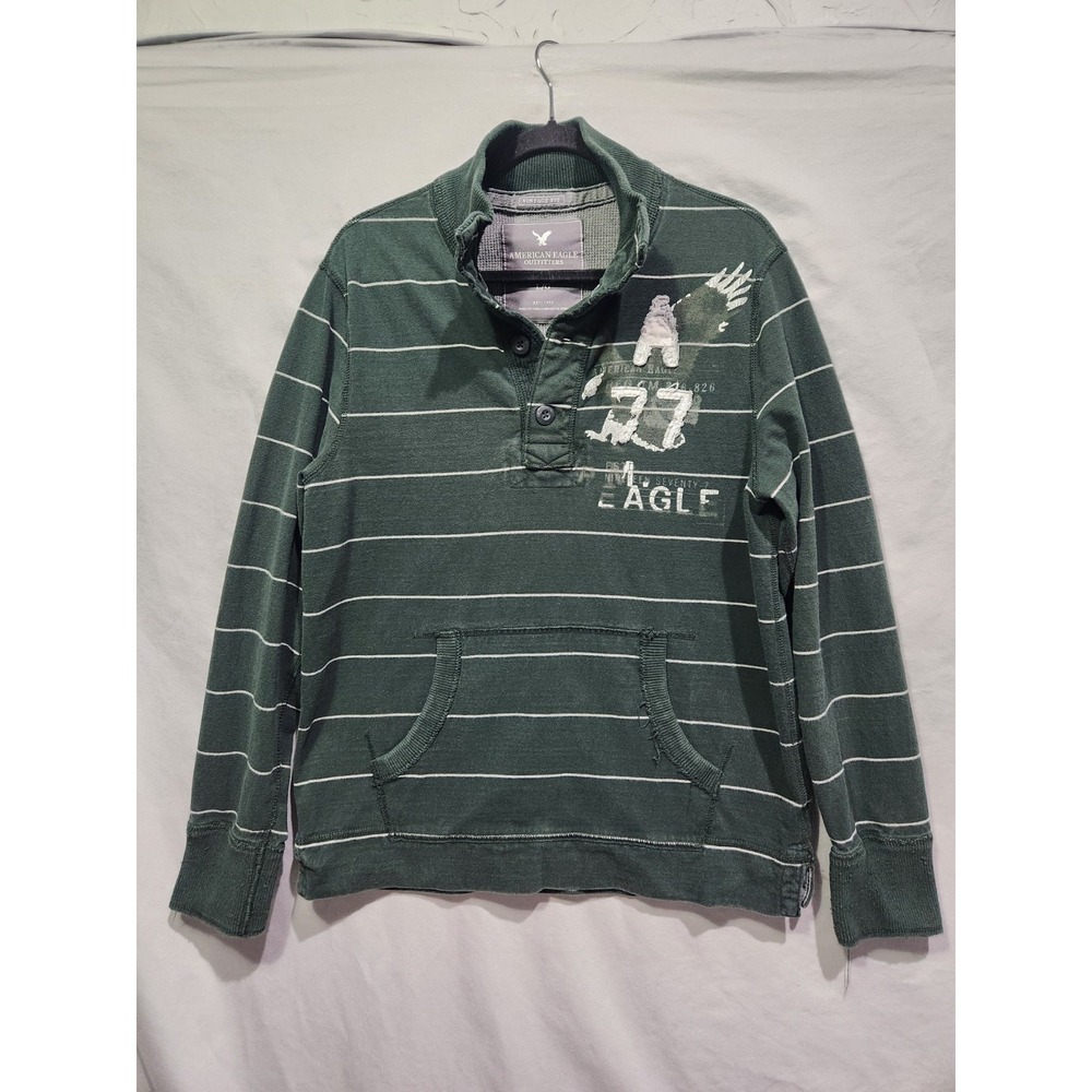 American Eagle Outfitters Green Striped Long Sleeve Rugby Shirt LRG Vintage Fit